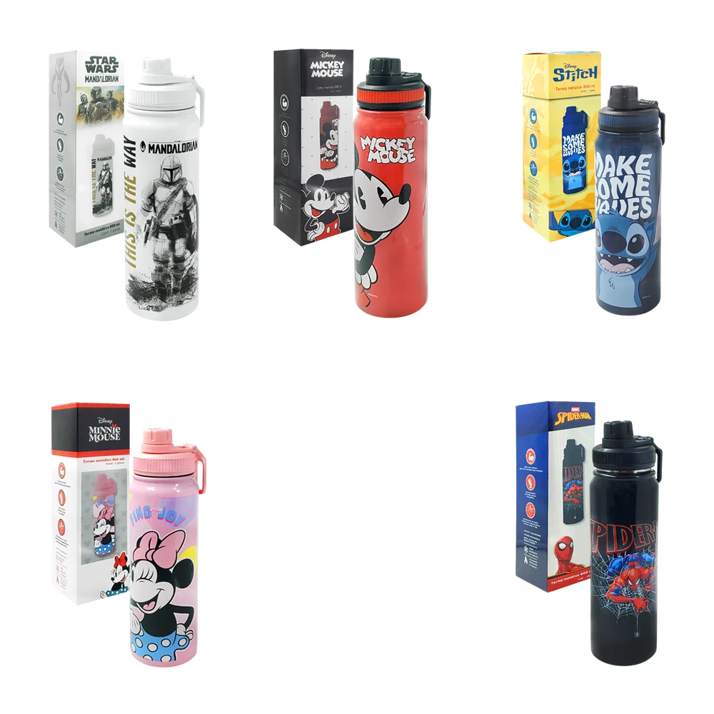 Termo metálico 800ml con estampado de personajes animados, variedad de modelos