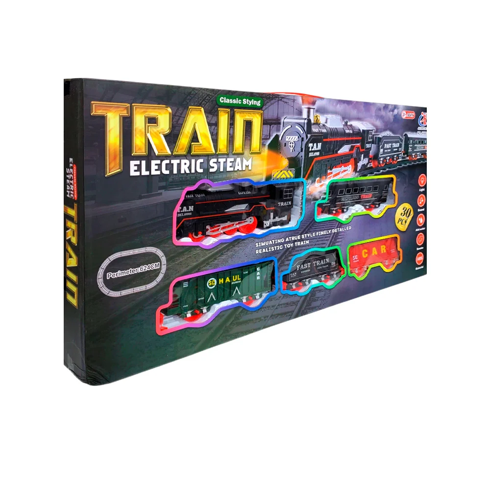 Juguete pista armable infantil, con piezas armables, locomotoras y accesorios