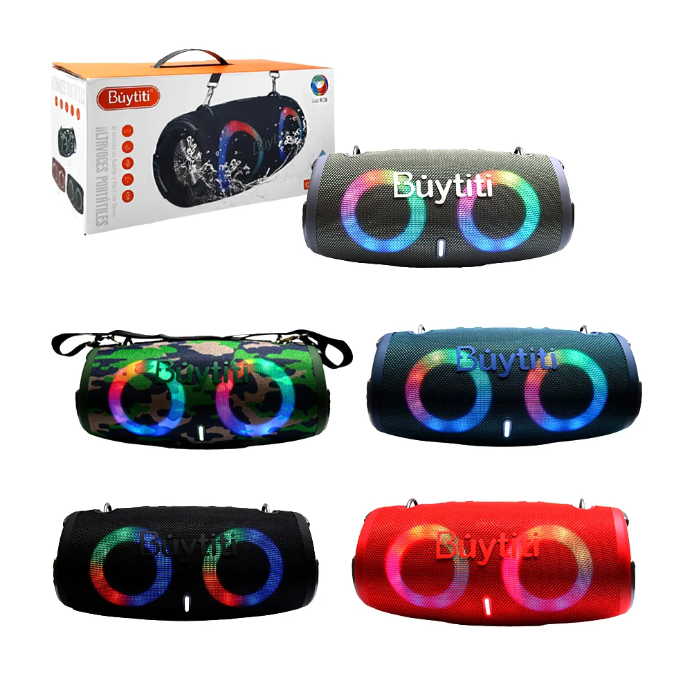 Bocina inalámbrica, cilíndrica, con aros led, botones frontales y puertos