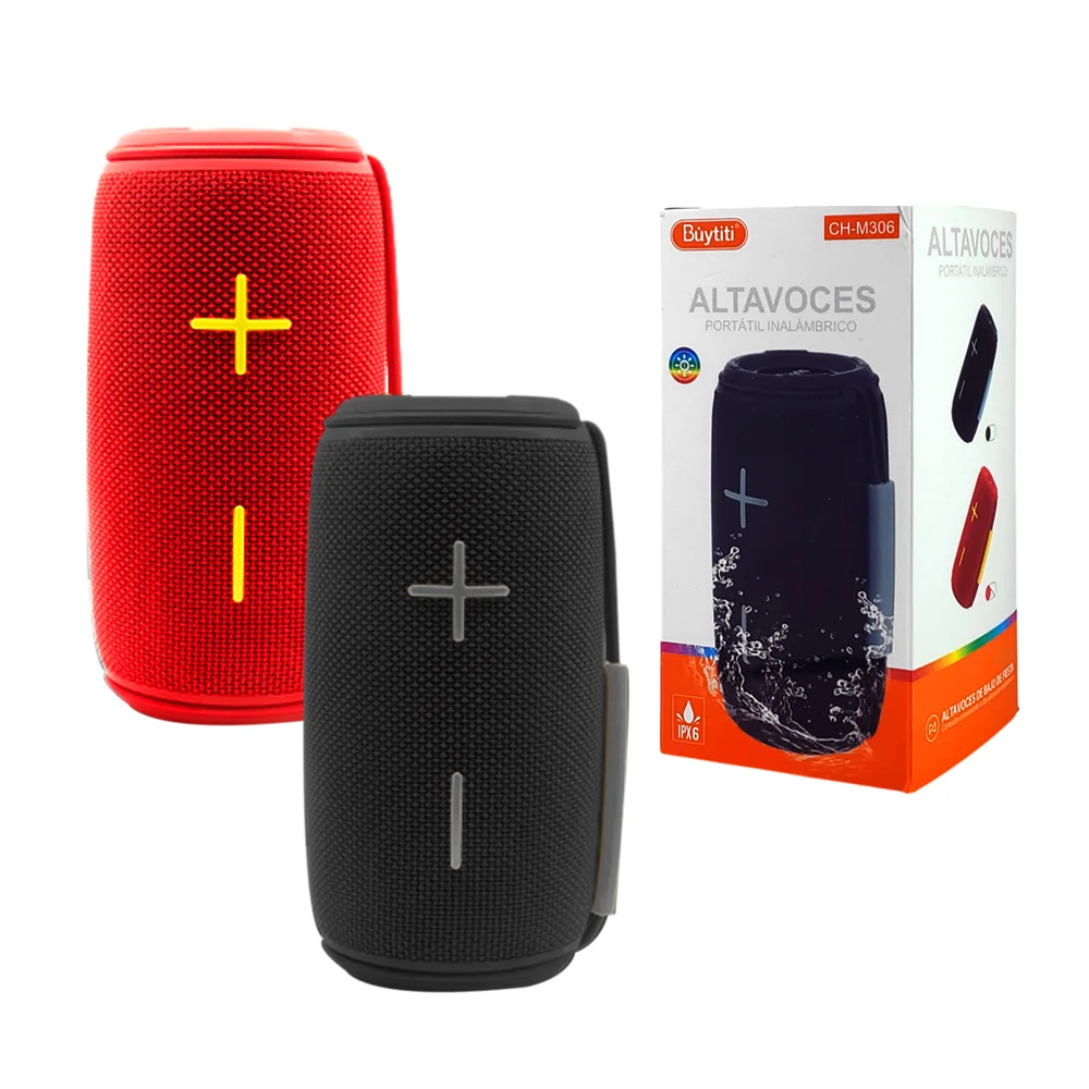 Bocina cilíndrica, con botones laterales, asa, luz led y puertos conectores