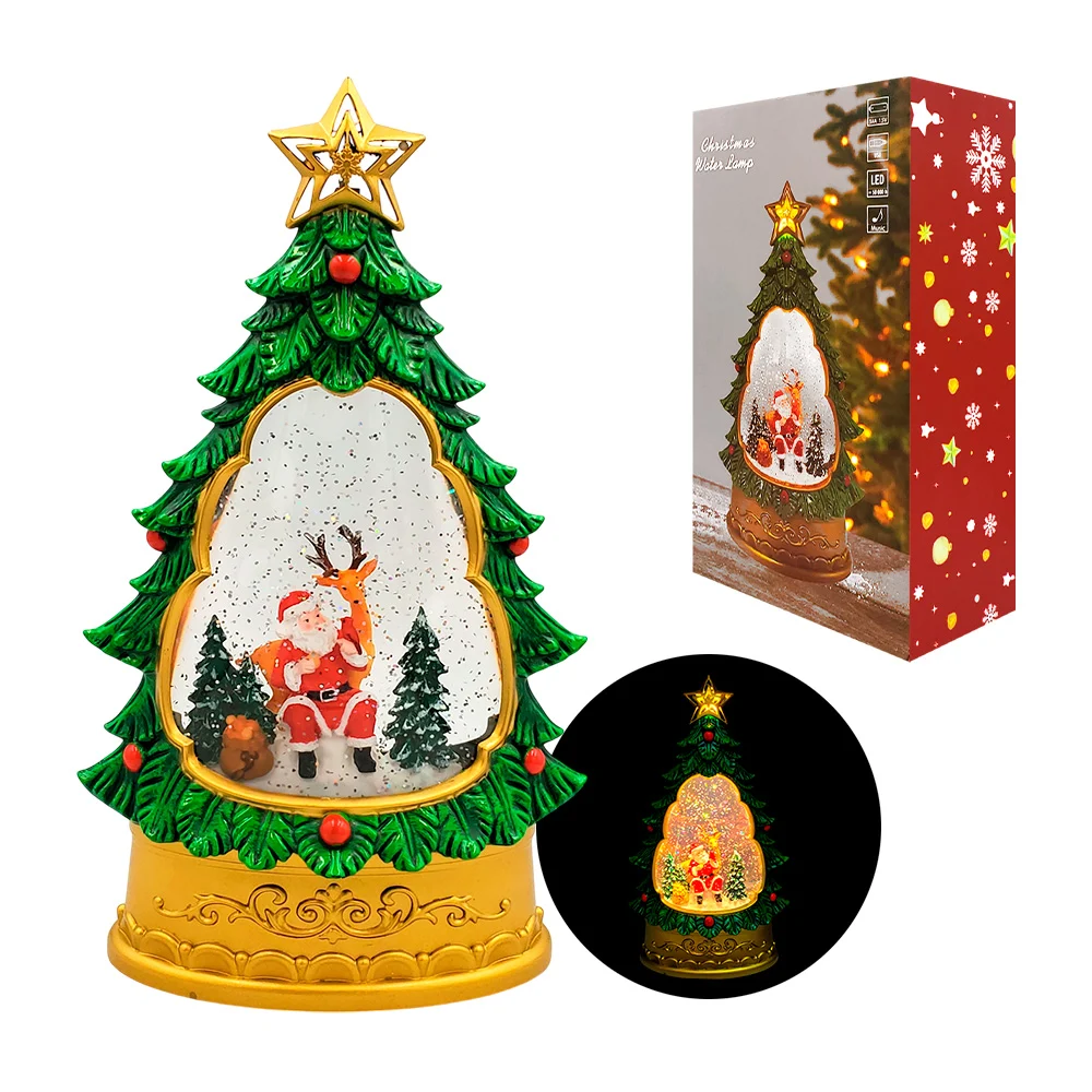 Lámpara decorativa en forma de árbol navideño con santa claus y copos de nieve