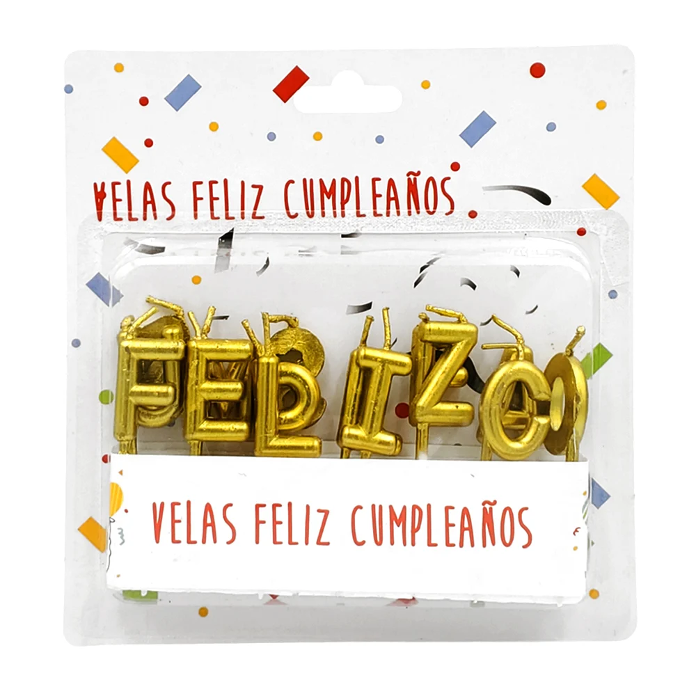 Blíster de velas metálicas para pastel con forma de texto de feliz cumpleaños