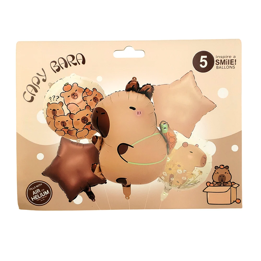 Set de cinco globos metálicos para fiesta con forma y estampado de capibara