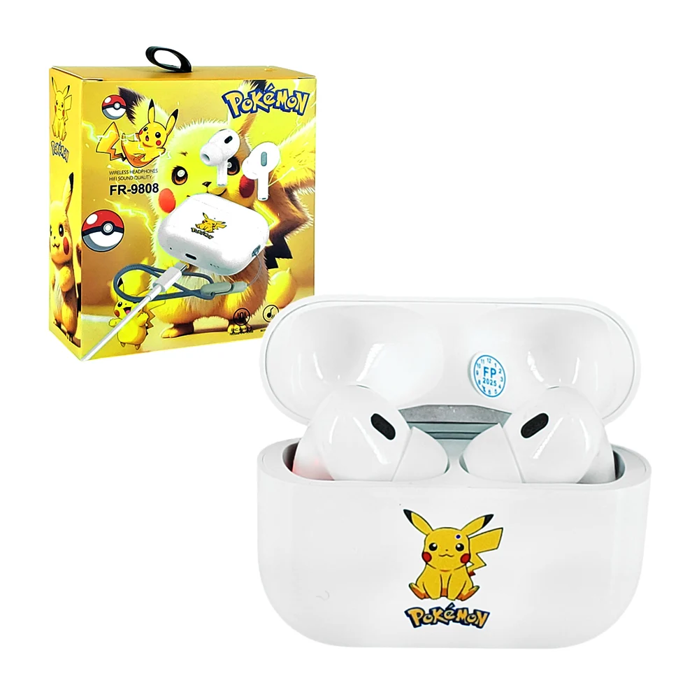 Audífonos inalámbricos con estampado de pikachu y estuche de carga estampado