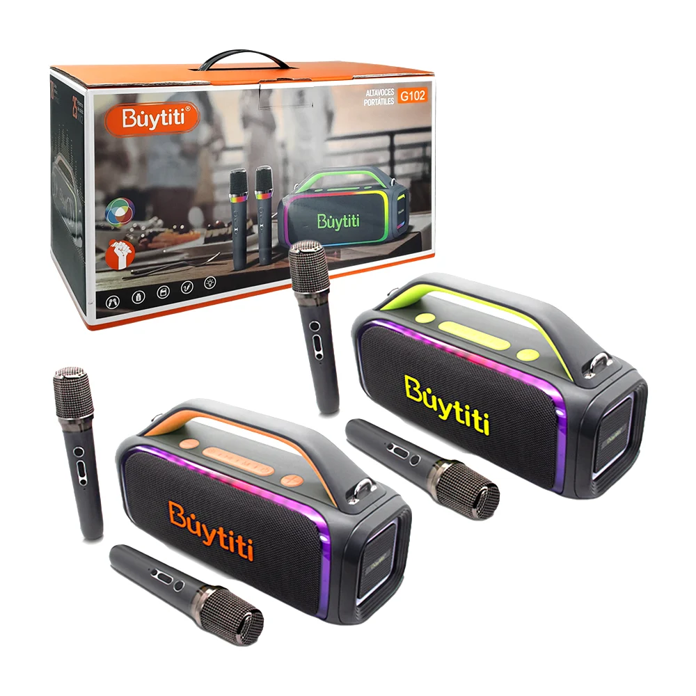 Bocina grande con asa, correa, luz led, botones superiores y dos micrófonos