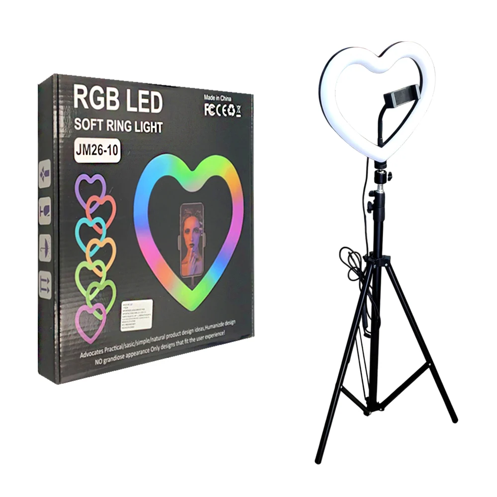 Aro de iluminación rgb de 10 pulgadas en forma de corazón con tripode y soporte