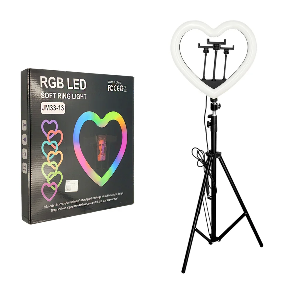 Aro de iluminación rgb de 13 pulgadas en forma de corazón con tripode y soporte
