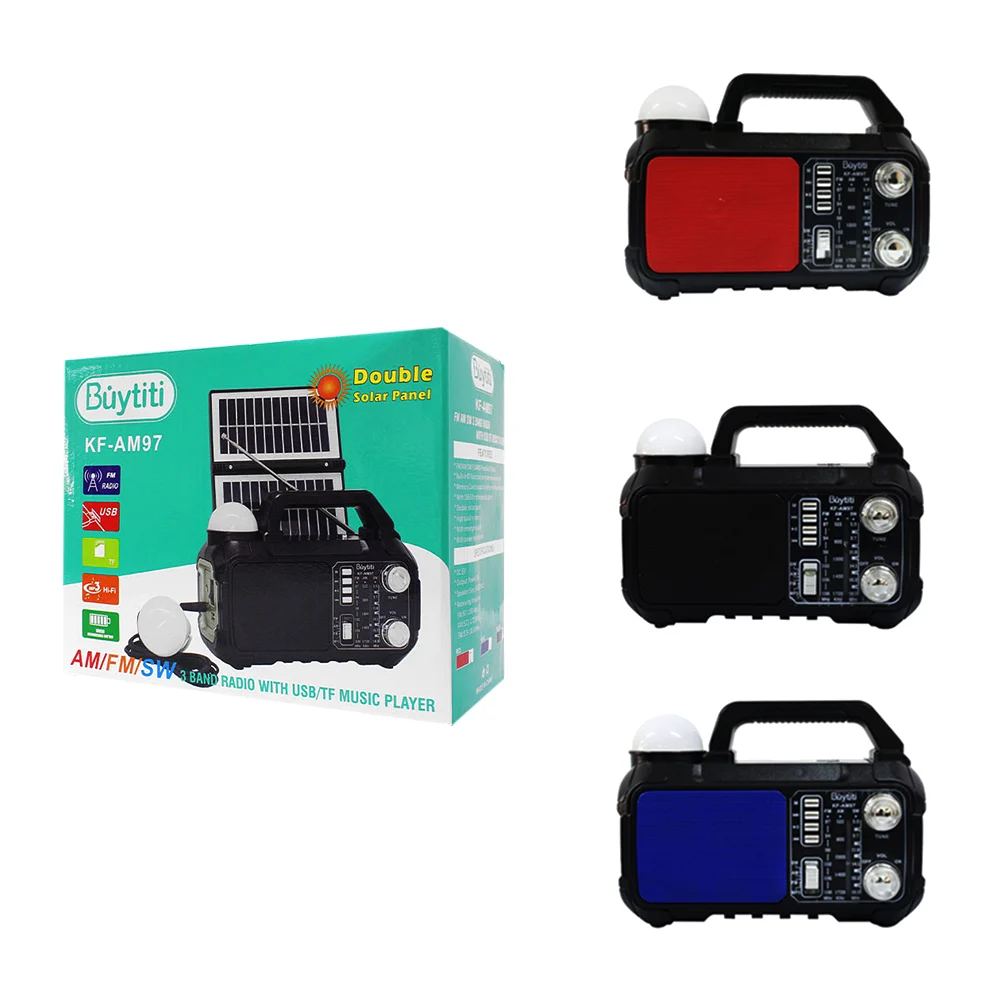 Bocina / radio multifuncional, con antena, panel solar, luz led, asa y foco led