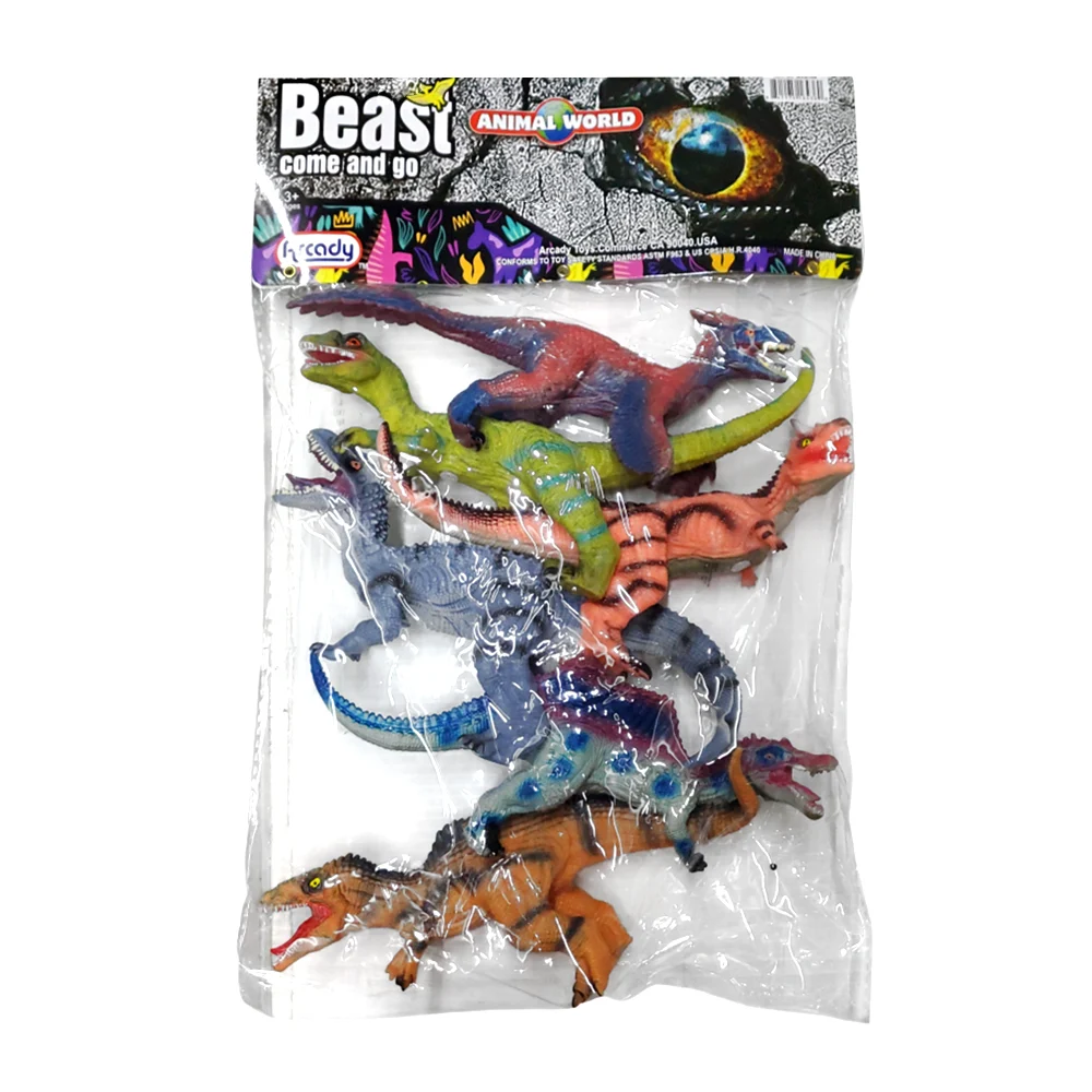 Blíster de seis juguetes plásticos en forma de dinosaurios chillones / mxb108
