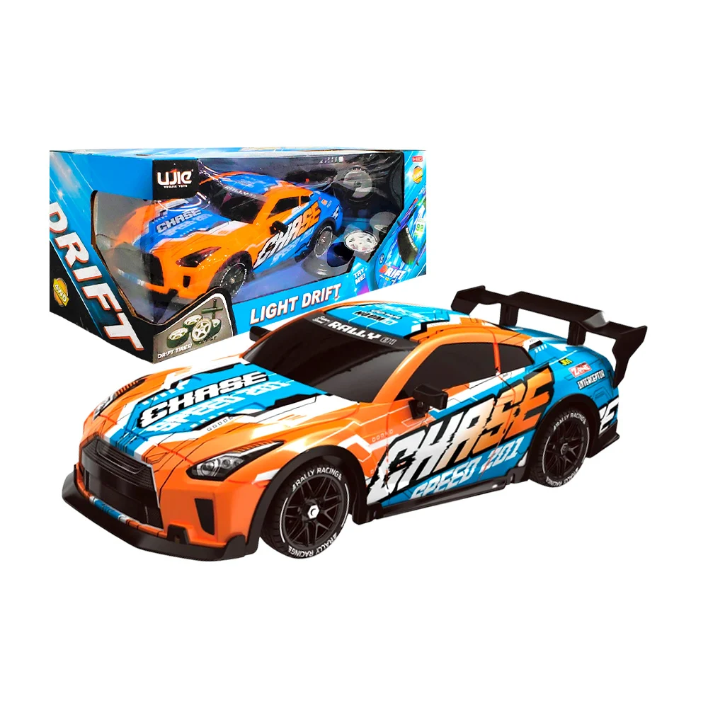 Coche de control remoto en forma de auto deportivo y estampado estilo carreras