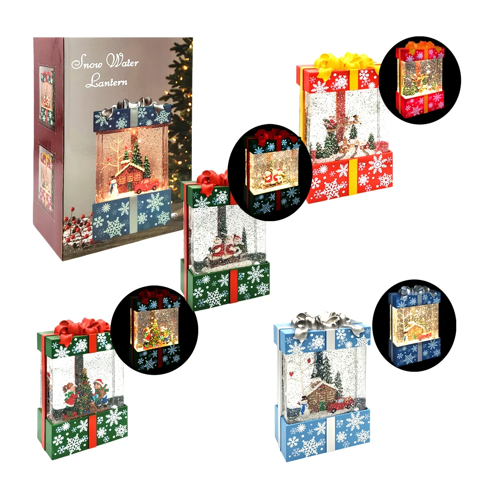 Adorno musical navideño decorativo en forma de regalo con figura encapsulada