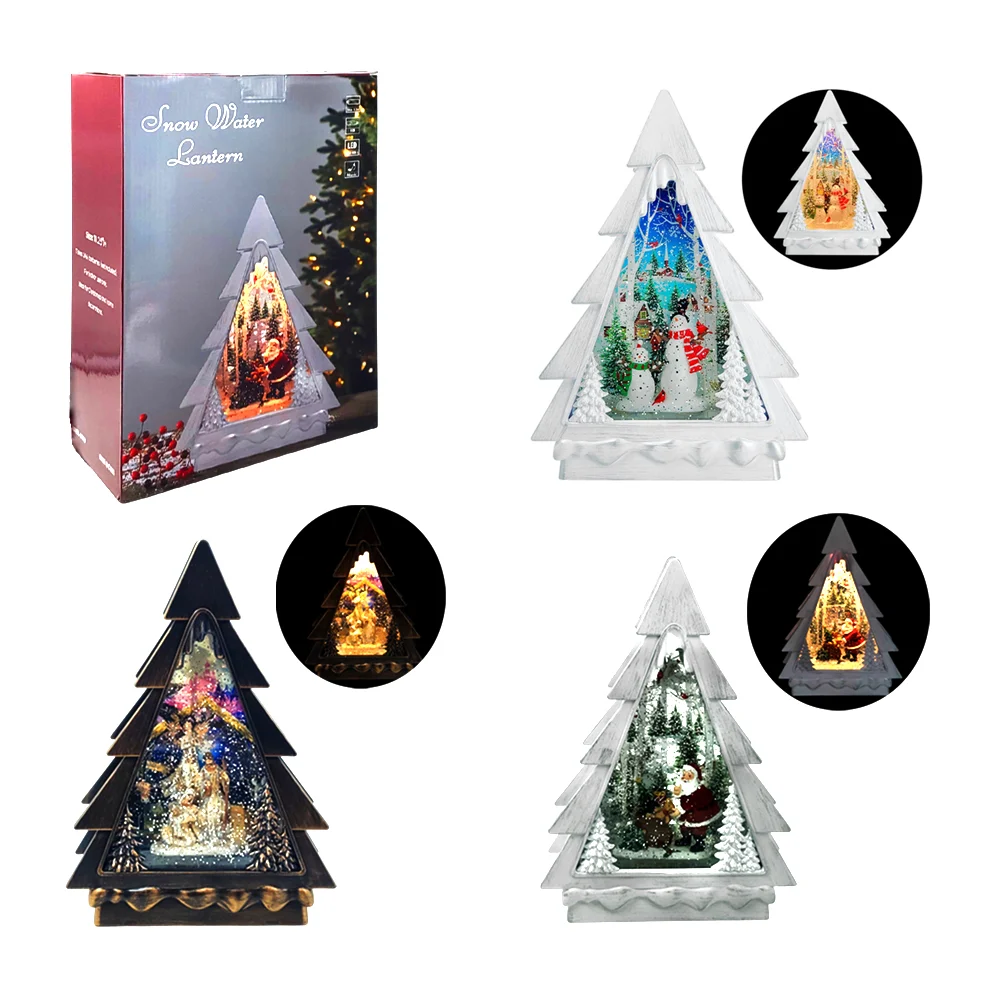 Adorno navideño en forma de pino con figura encapsulada, luz y música, surtido