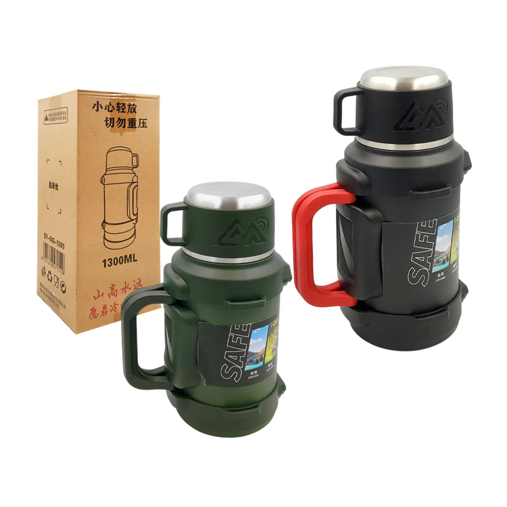 Botella termo de 1300ml para camping + taza y correa, color surtido