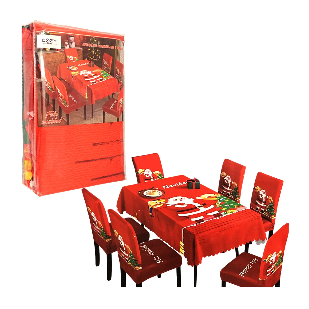Juego de 1 mantel para mesa y 6 cubre sillas con estampado decorativo de navidad