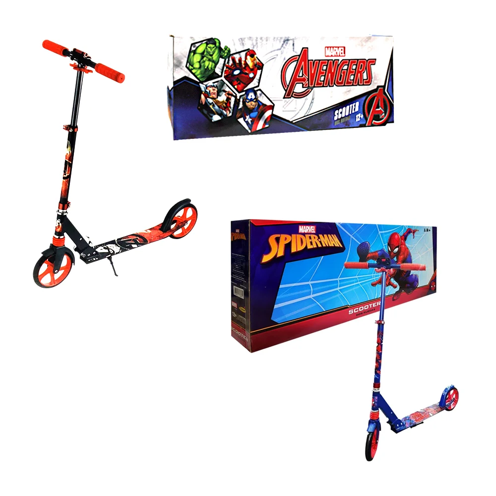 Scooter patín del diablo metálico ajustable con 2 ruedas, base antiderrapante, freno trasero y estampado de súper heroe / t378398