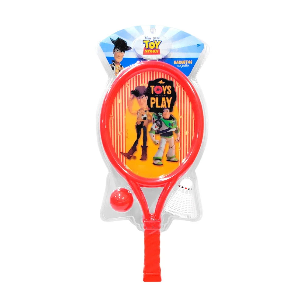 Blíster de dos raquetas de plástico, con pelota y estampado de toy story