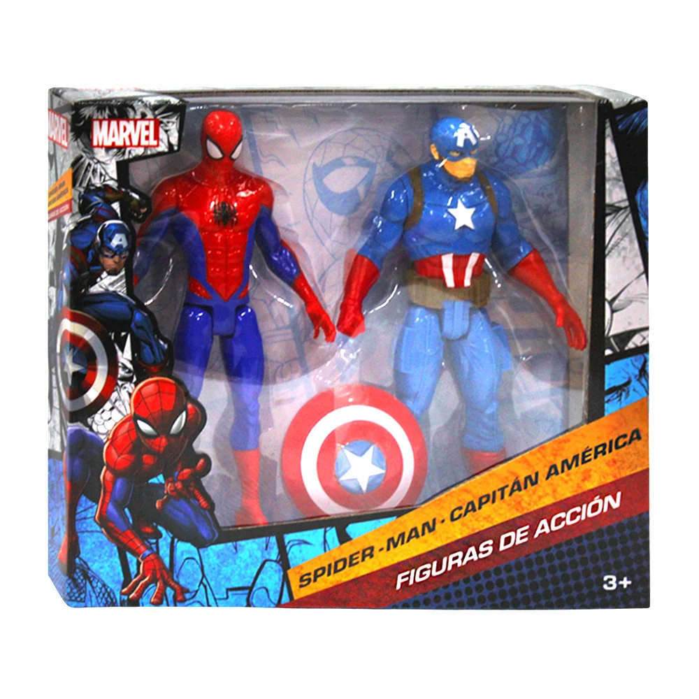 Blíster de dos figuras plásticas en forma de superhéroes con escudo y máscara
