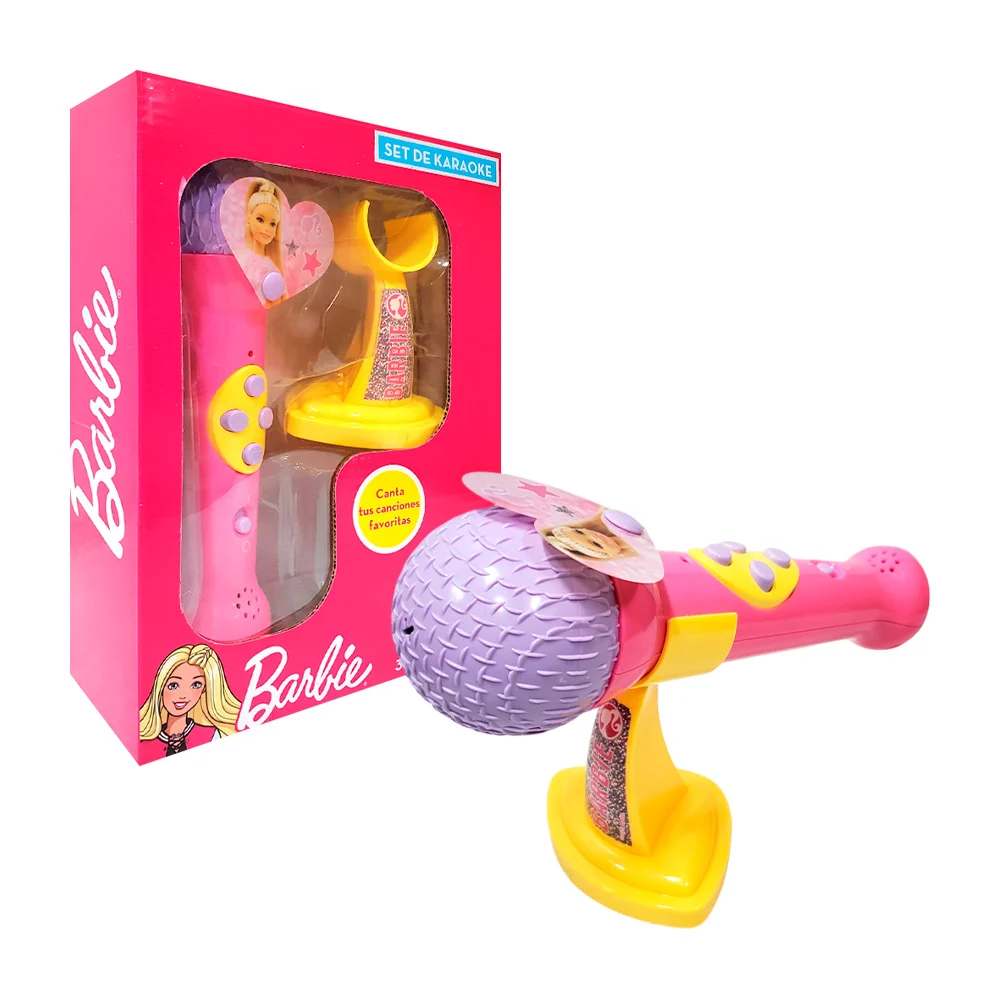 Micrófono de plástico de karaoke, botones de función y estampado de Barbie