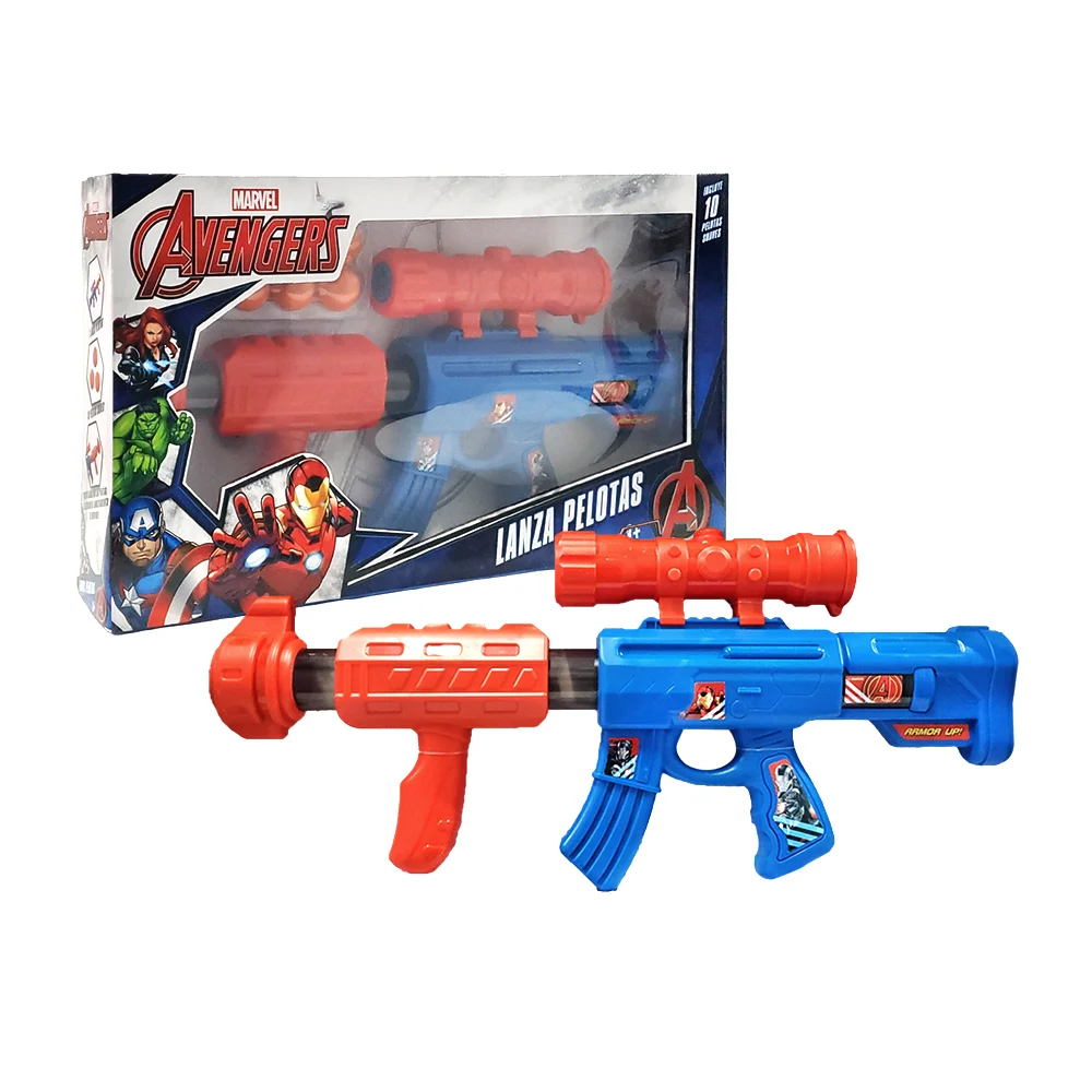 Pistola de juguete lanza pelotas de goma, con estampado de Avengers