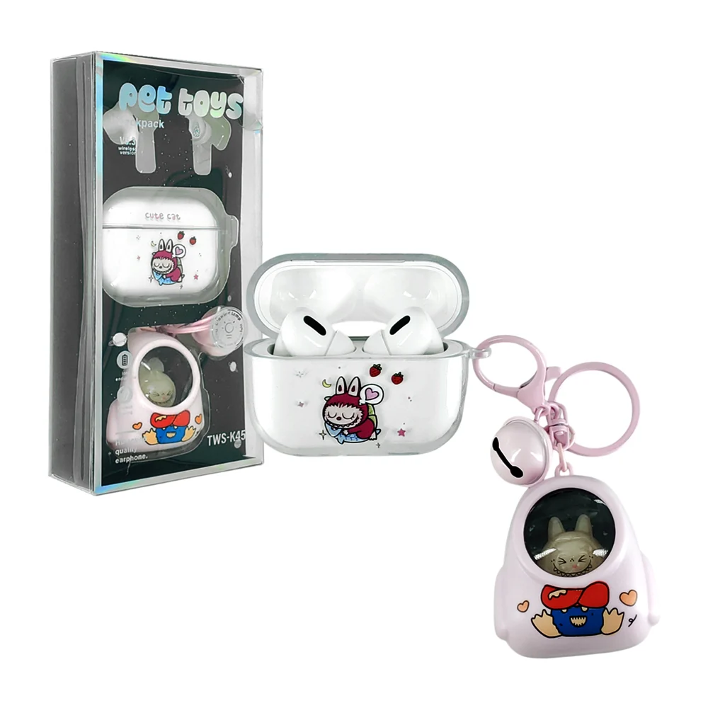 Audífonos inalámbricos con estuche de carga, estampado y mini figura de labubus