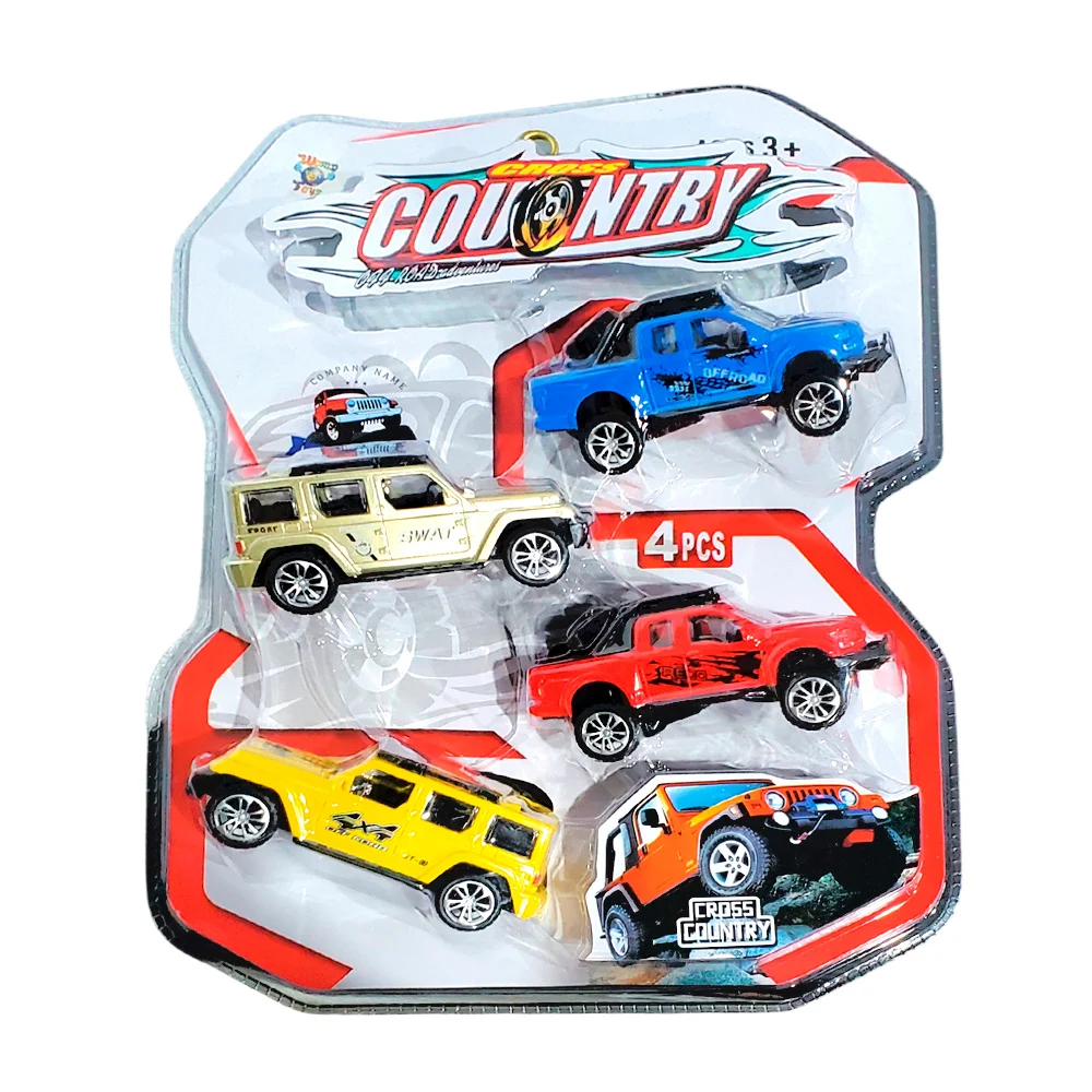 Blíster con 4 carritos camionetas de fricción, varios colores / cross country