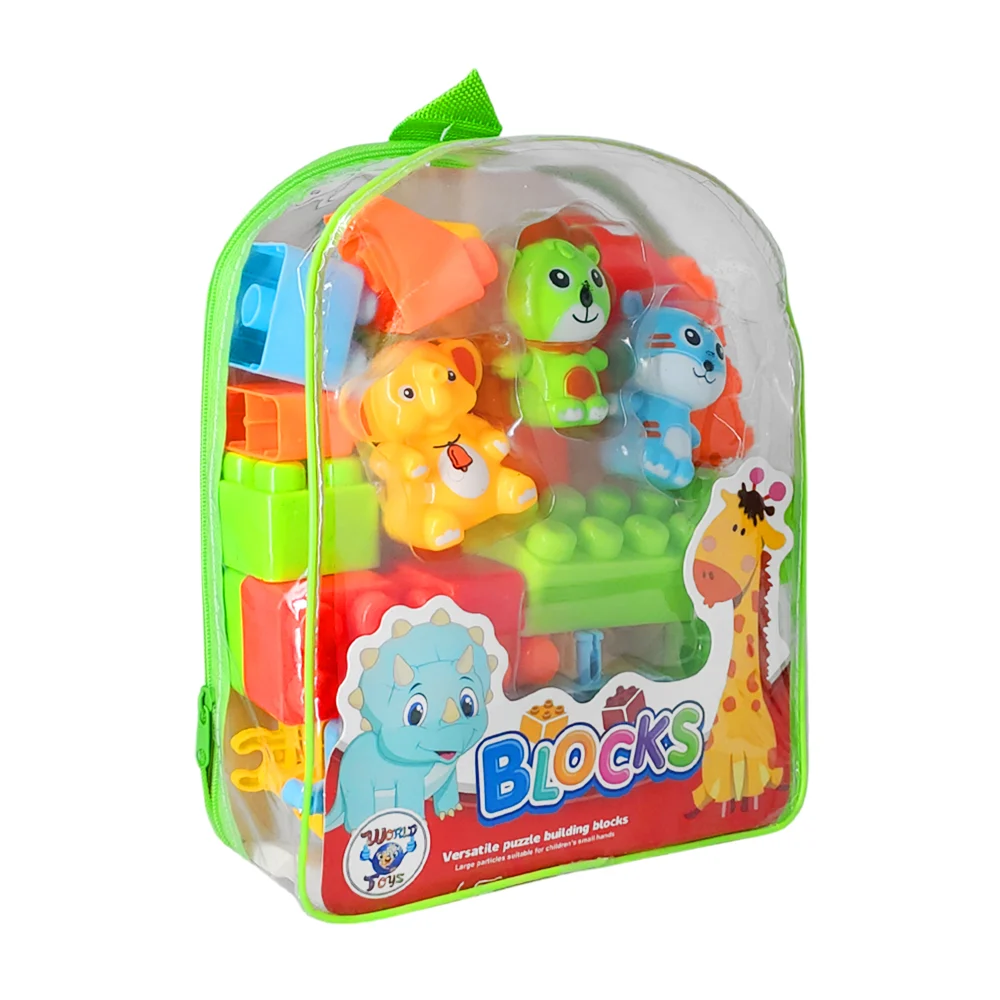 Mochila pequeña con juguetes de bloques plásticos y figuras infantiles
