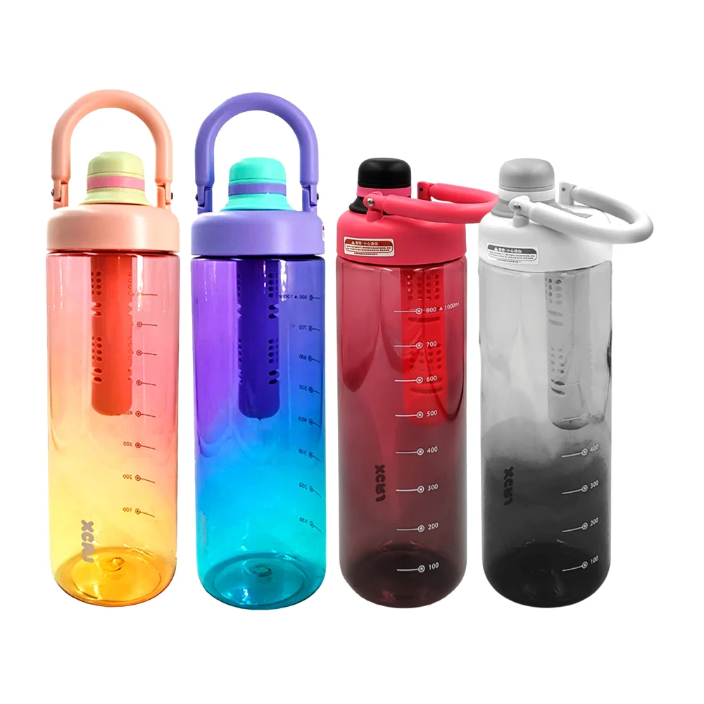 Botella de plástico bicolor, 1000ml, infusor, asa, popote y cierre hermético