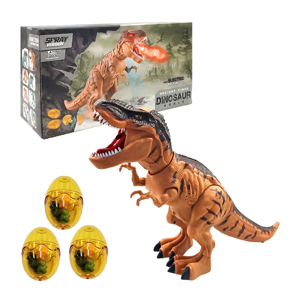 Dinosaurio móvil de juguete con luces, sonido, huevos y lanzador de spray