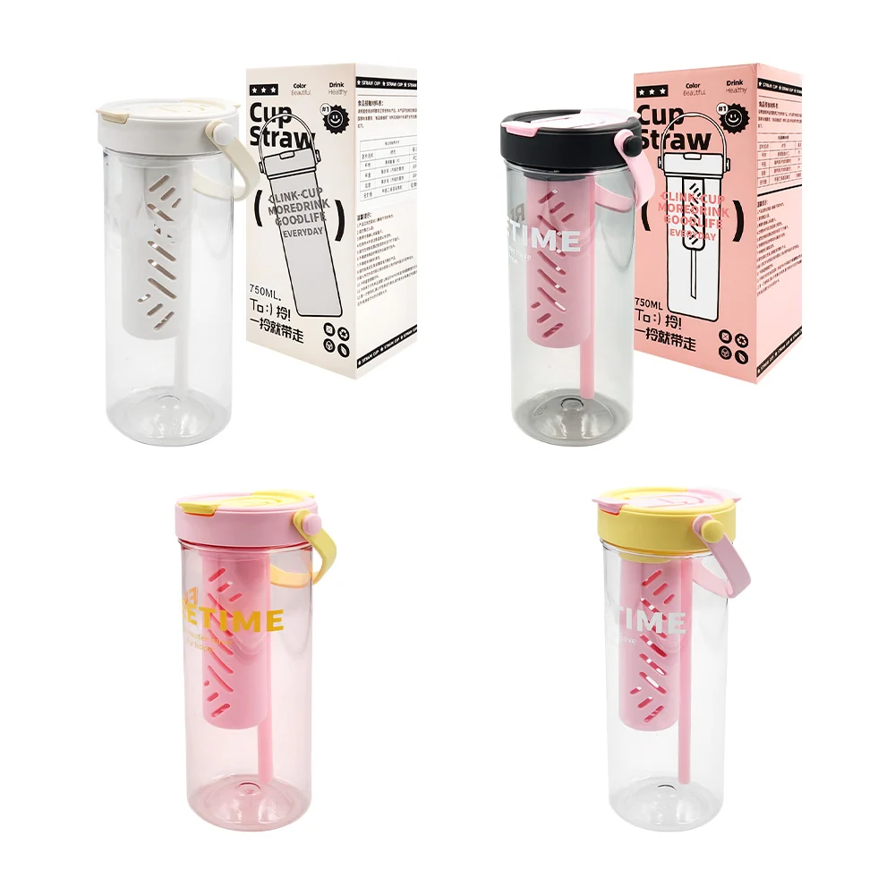 Botella transparente de 750ml con infusor, asa y popote, variedad de colores