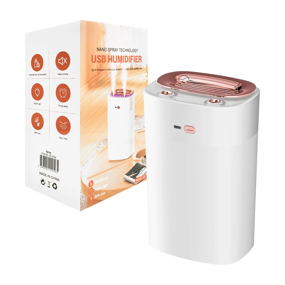 Humidificador rectangular usb en spray con luz de noche, 136x102x217mm / ze-2256