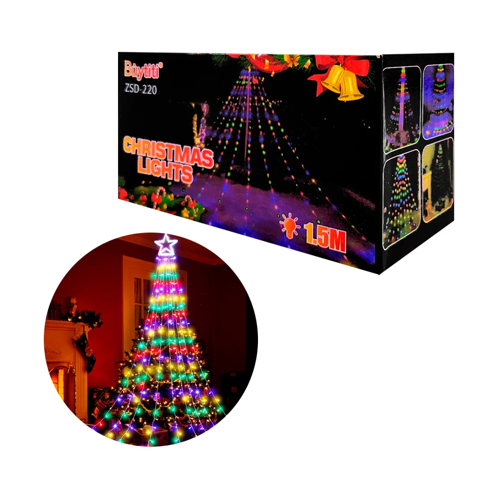 Serie de luces navideñas 1.5m en forma de pino-piramide, multicolor, cable negro