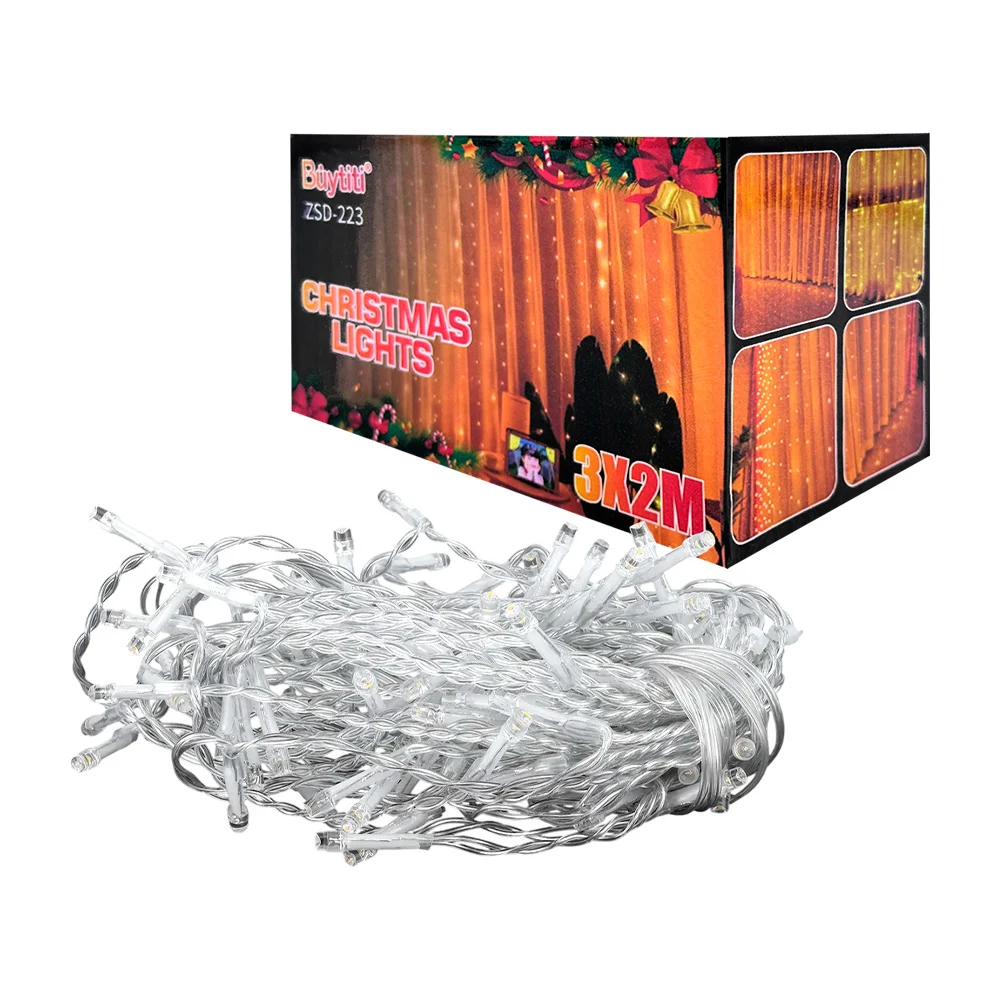 Serie de luces navideñas, cascada de 3x2m en tono cálido con cable transparente