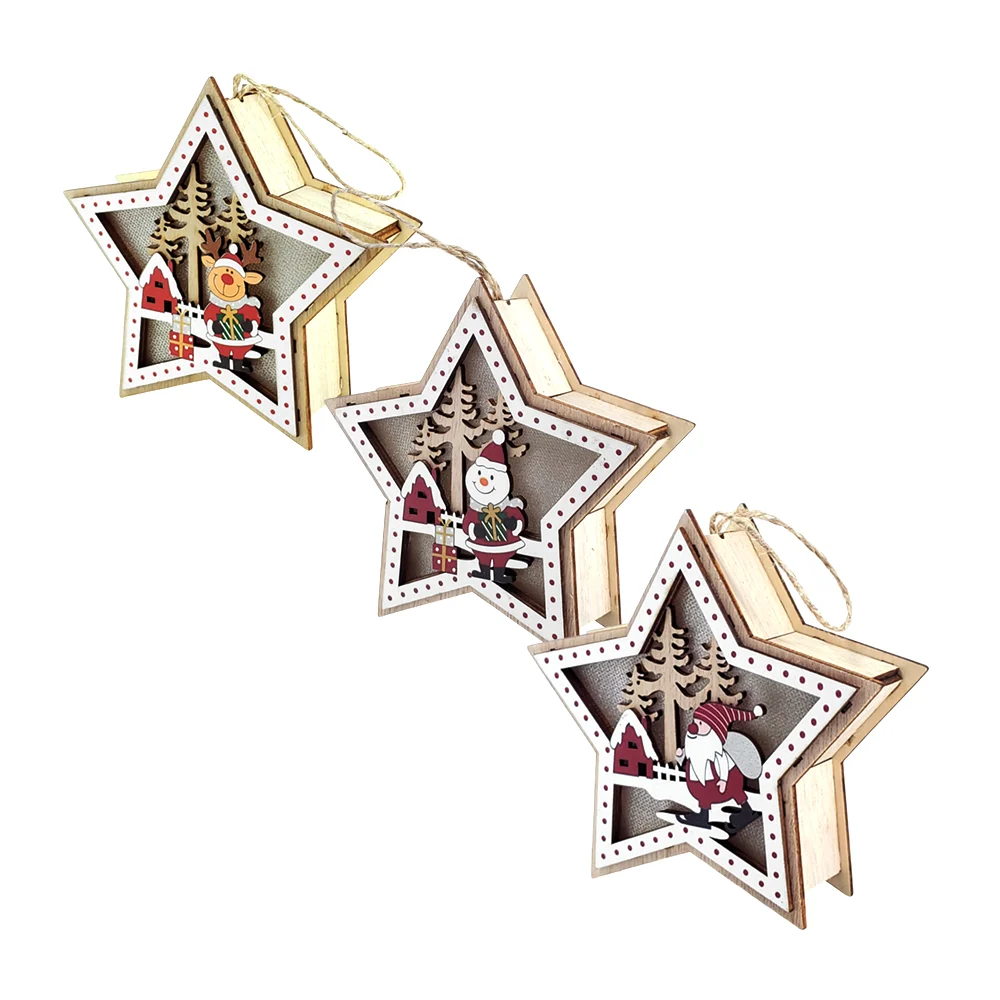 Adorno colgante navideño, en forma de estrella de madera con luz y personajes