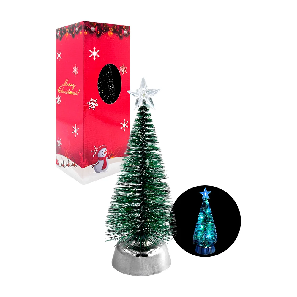 Adorno decorativo navideño pino con estrella, luz led blanca 20cm, base metálica