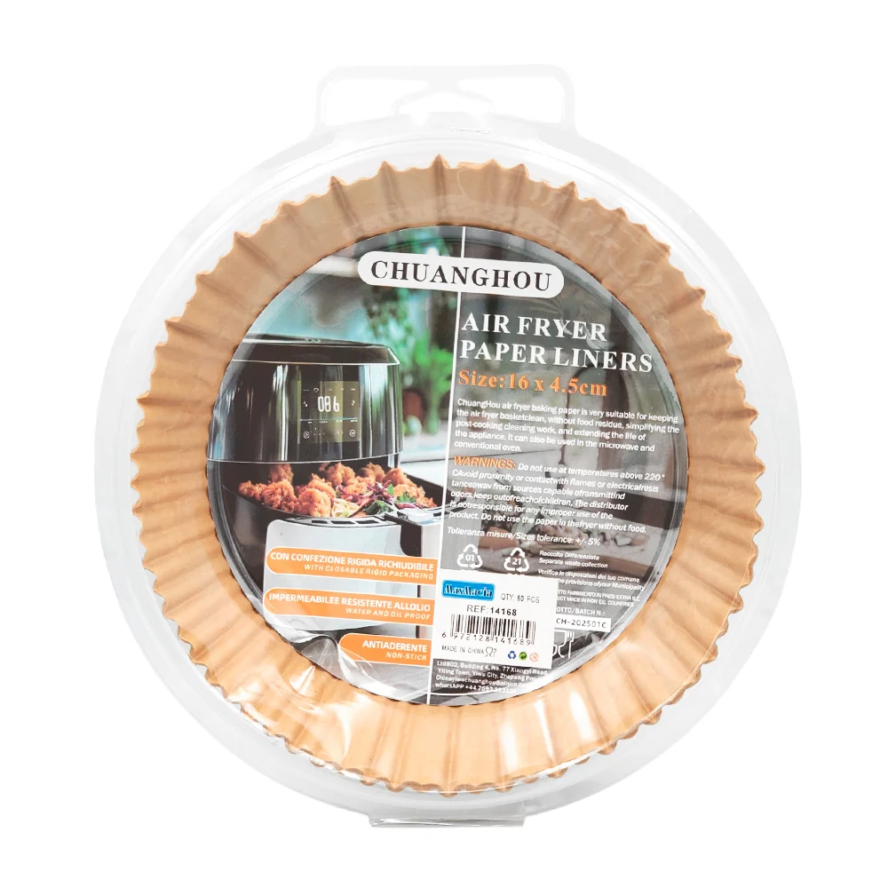 Paquete con 60 papeles encerados redondos para freidora y medida de 16x4.5cm