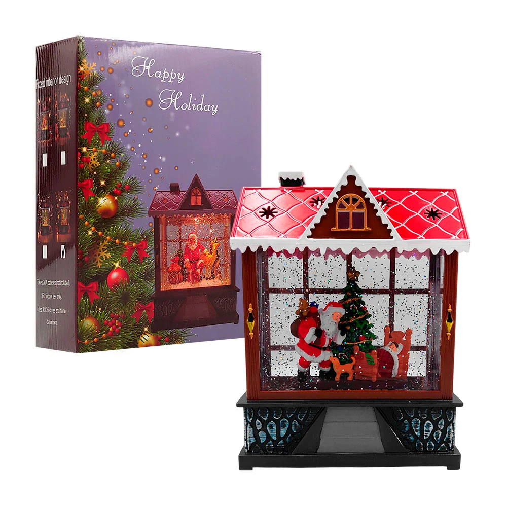 Adorno decorativo en forma de casa con figura de santa claus, pino y perrito