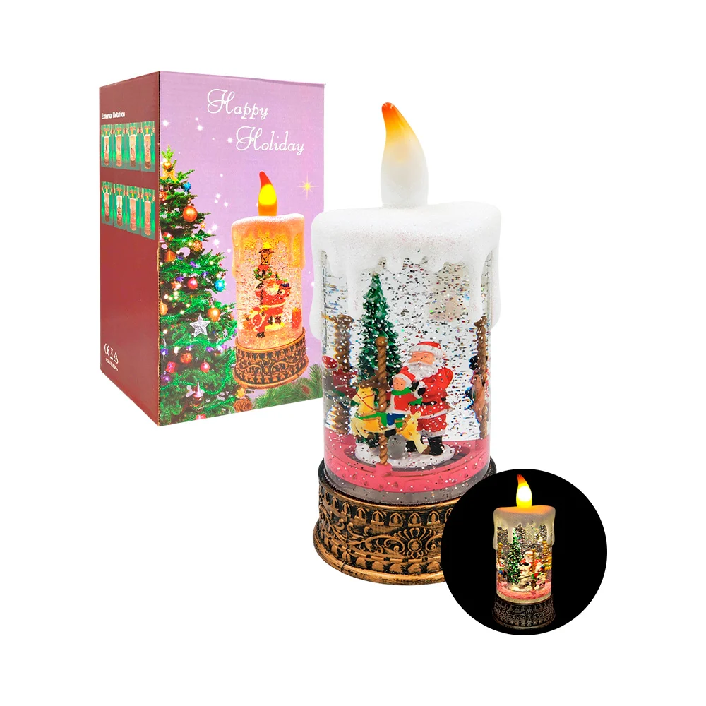 1pza Adorno navideño led en forma de vela grande con figura interna y carrusel