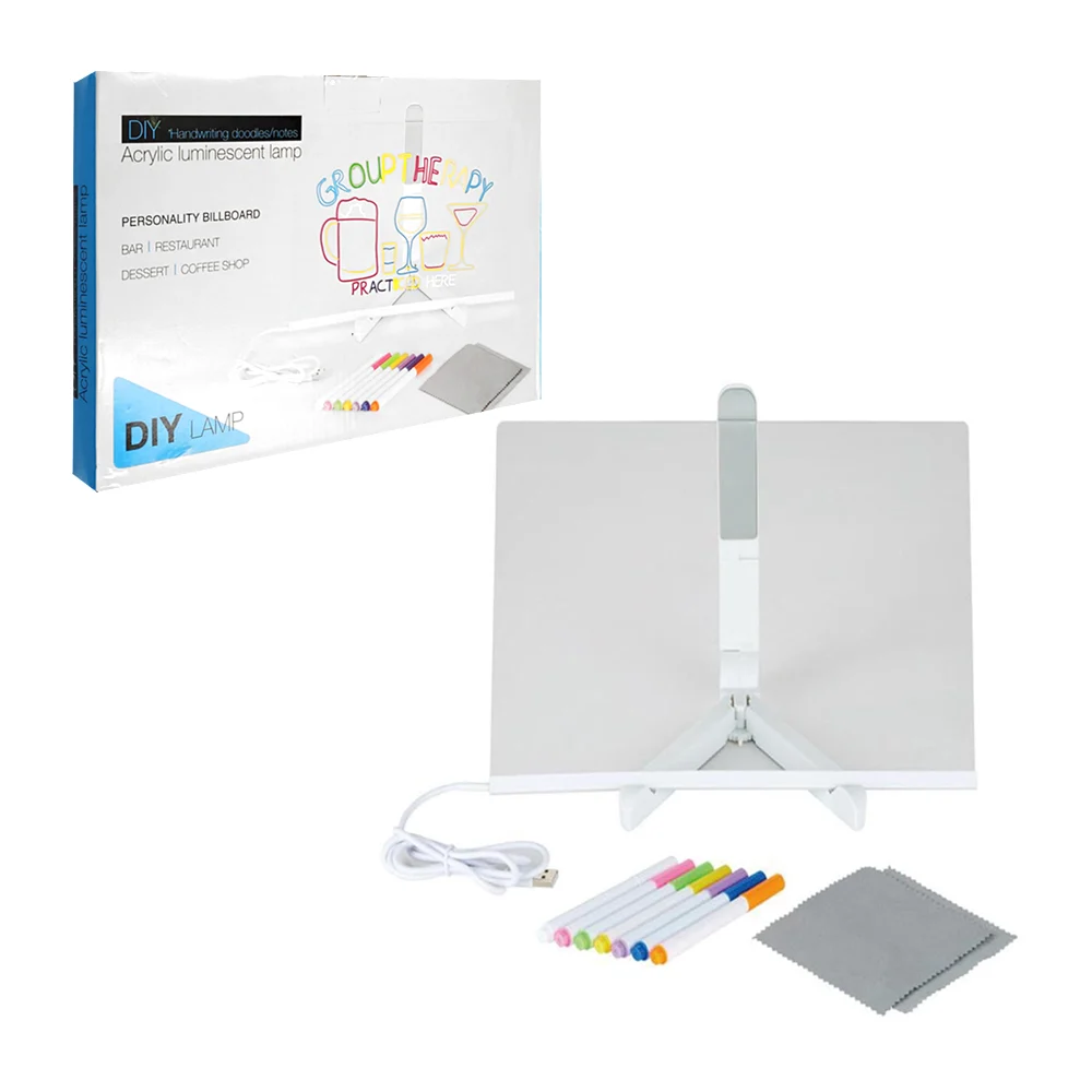 1pza Pizarrón translúcido con marco led y marcadores estilo neón, usos varios