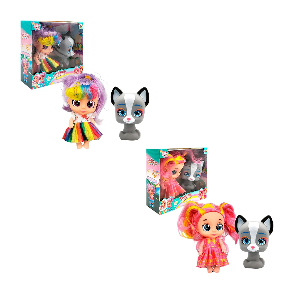 Muñeca lovely doll cabello multicolor, ojos con glitter + mascota, variedad