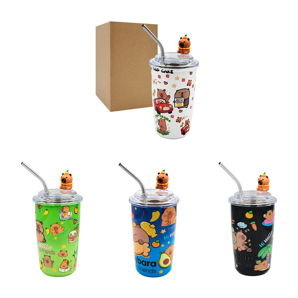 Termo metálico con estampado de capibara + figura decorativa y popote, variedad