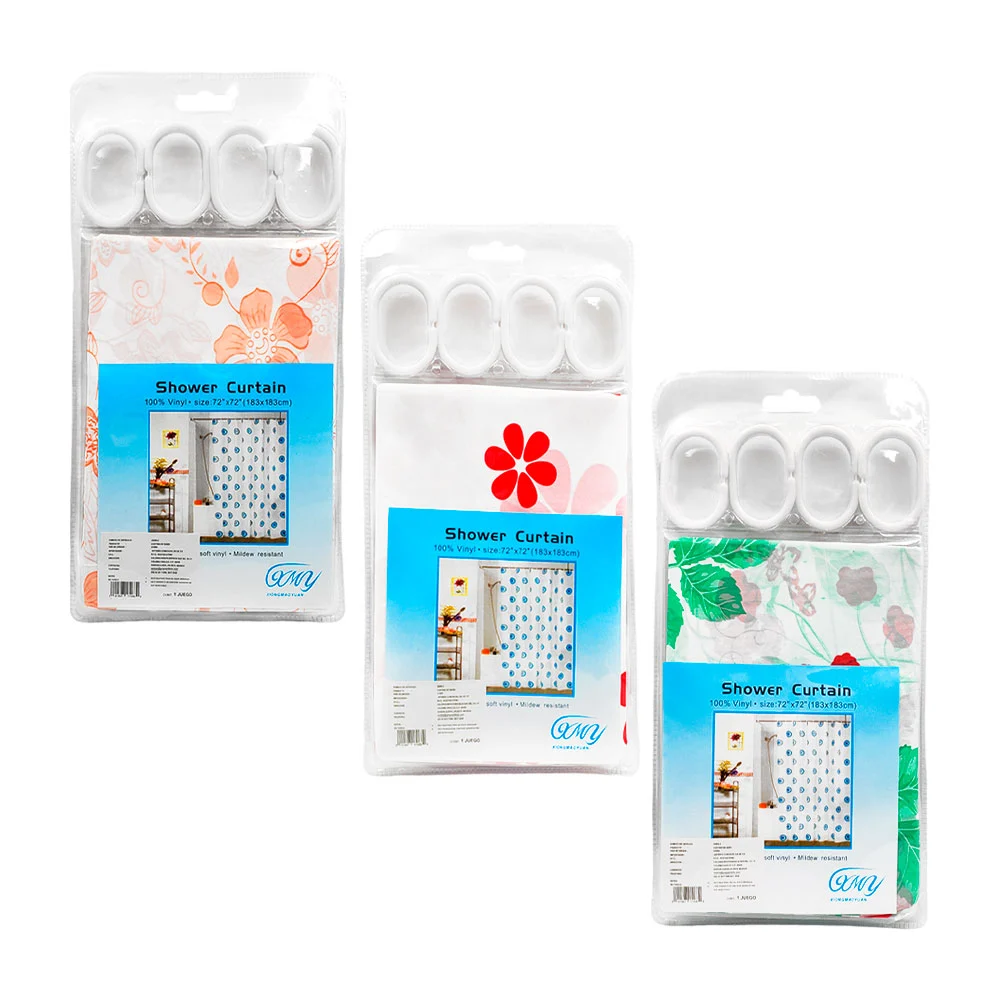 Cortina para baño 183x183cm de plástico con 12 aros para colgar, variedad