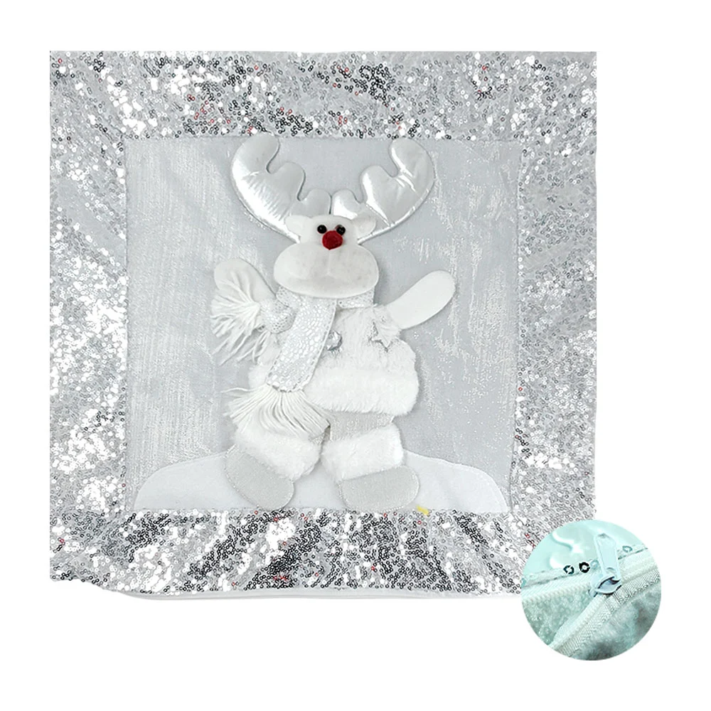 Funda para cojín con reno estampado afelpado color blanco y lentejuelas