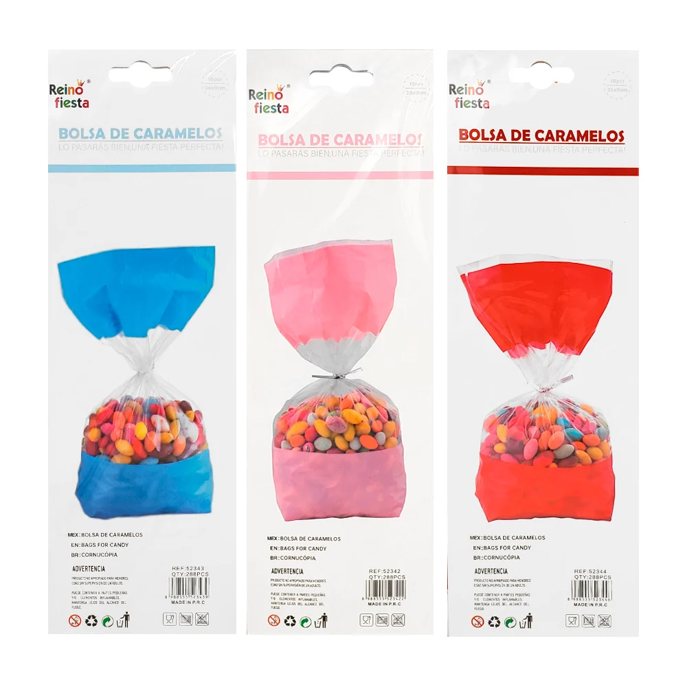 Paquete de 10 bolsas para caramelos de fiesta, variedad de colores / 26x9cm