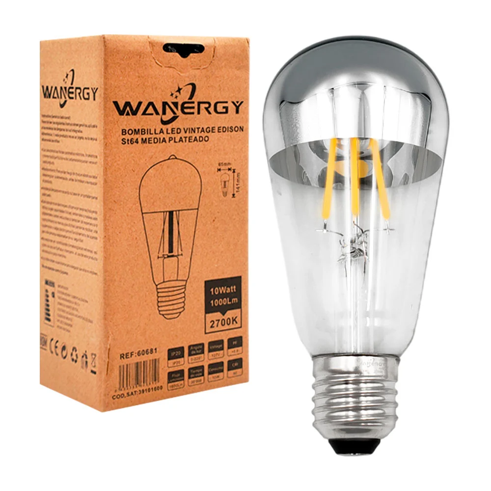 Foco bombilla wanergy led vintage tipo edison 10w, 85x141mm, media plateado