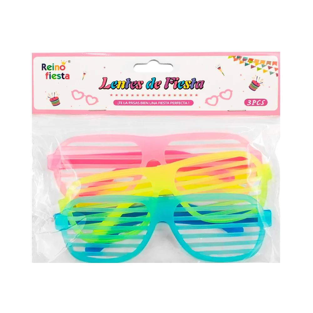 Blíster de 3 lentes de plástico para fiesta fluorescentes, variedad de colores