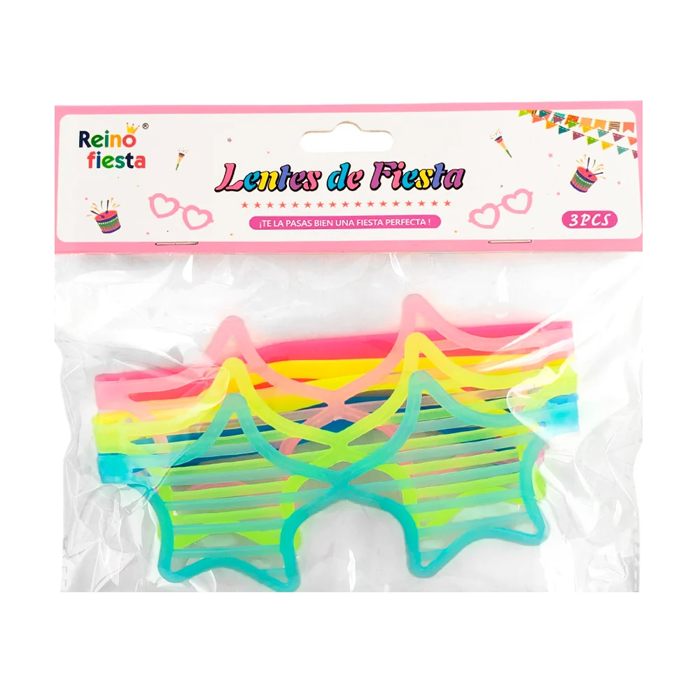 Blíster de 3 lentes de plástico en forma de estrella, fluorescentes, para fiesta