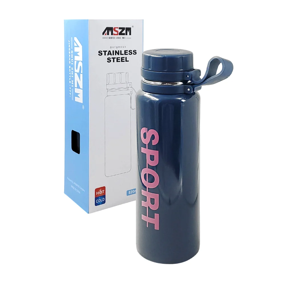 Termo de acero inoxidable con leyenda sport, capacidad de 820ml + asa, variedad