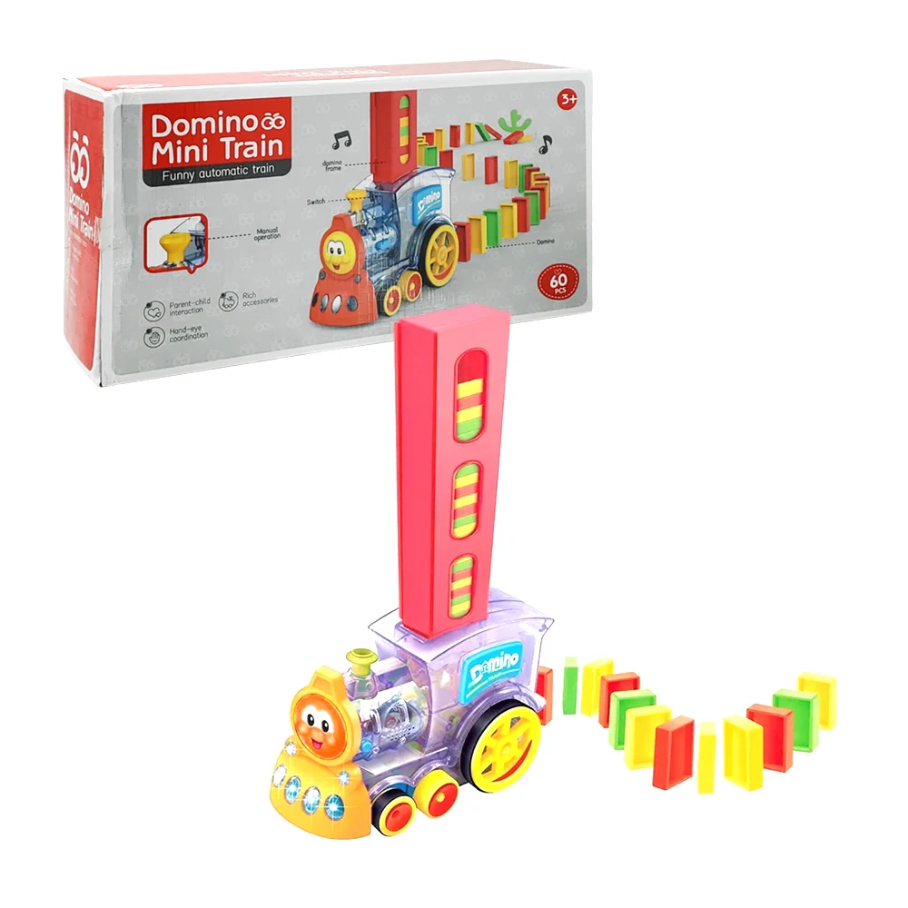 Tren didáctico de juguete con 60pzs en fichas domino, luz y sonido / domino mini train / 660b