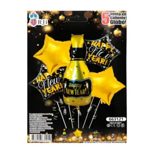 Set de 5 globos metálicos con forma de botella, estrellas + frase hap…