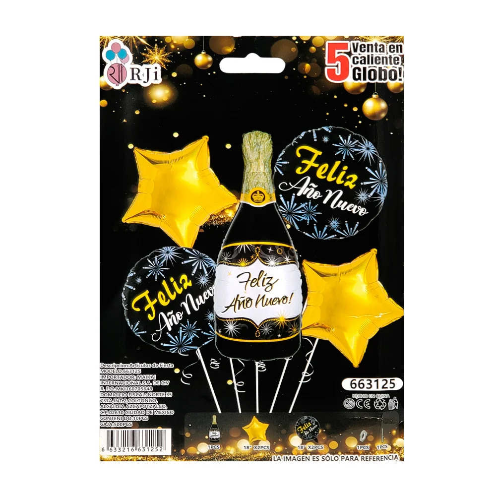 Set decorativo feliz año nuevo con 5pz botella, estrellas y redondos, variedad
